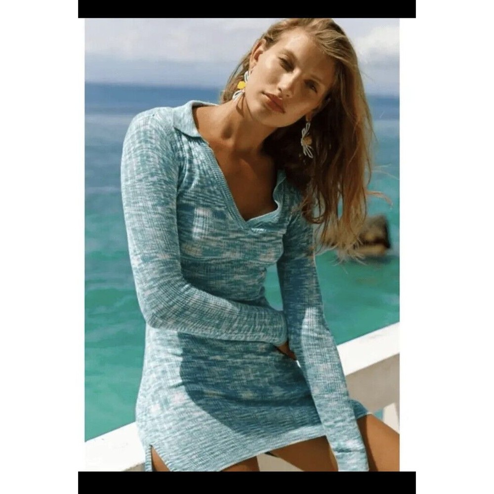 NWT L*Space The Aria mini dress in blue, collared, v-neck long sleeve Sz Sm $132